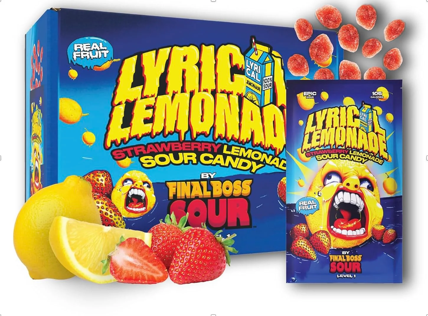 Final Boss Sour and Lyrical Lemonade, Super Sour Strawberry Lemonade Candy (12 Single Serve Bags) - Real Dried Strawberries with Sour Lemon Powder