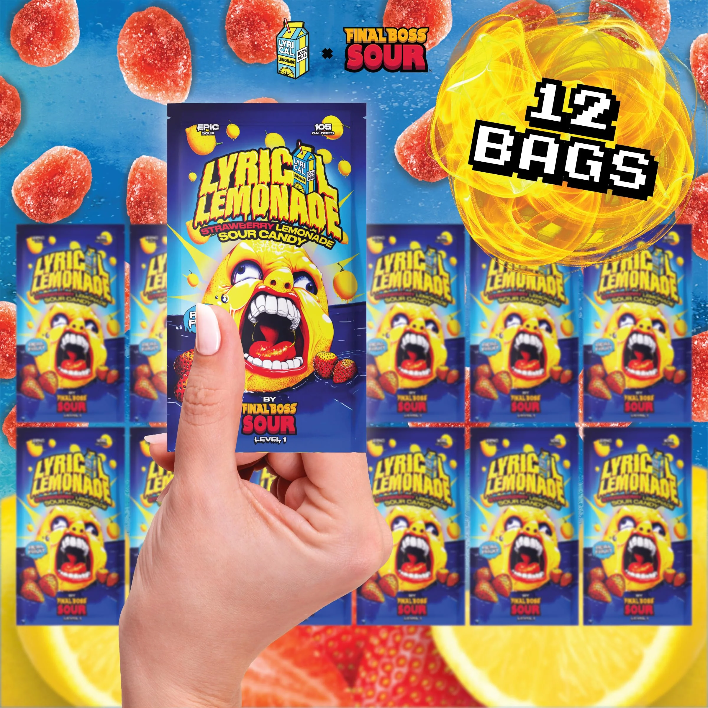 Final Boss Sour and Lyrical Lemonade, Super Sour Strawberry Lemonade Candy (12 Single Serve Bags) - Real Dried Strawberries with Sour Lemon Powder - Image 3