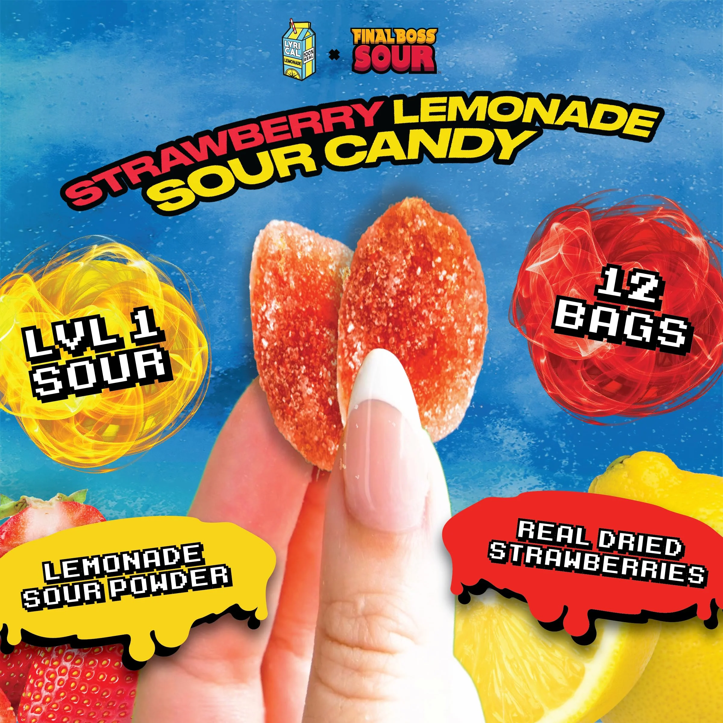 Final Boss Sour and Lyrical Lemonade, Super Sour Strawberry Lemonade Candy (12 Single Serve Bags) - Real Dried Strawberries with Sour Lemon Powder - Image 5