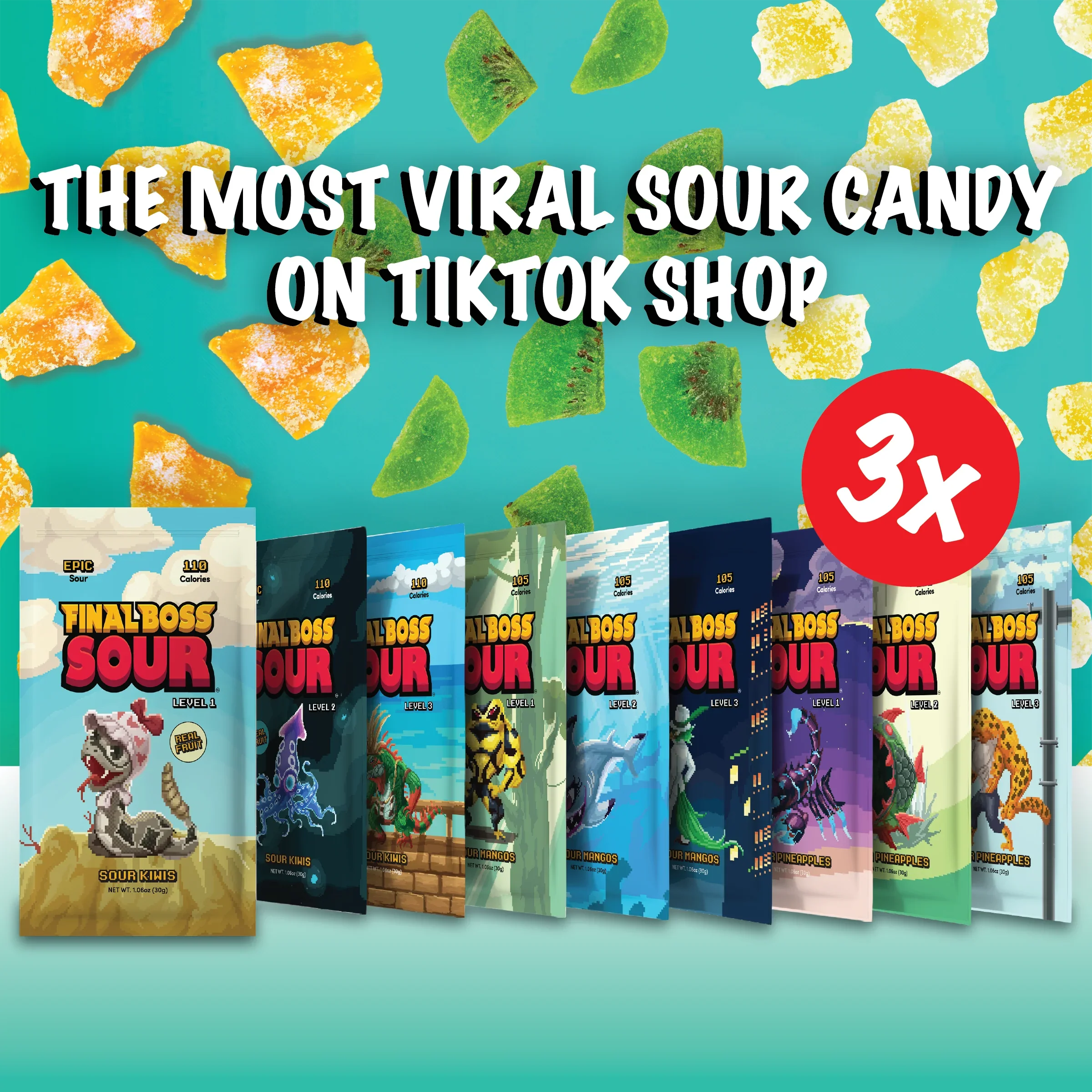 Final Boss Sour Extremely Super Sour Candy, Tropical Flavor Sampler Pack, Natural Fruit Chews with Dried Fruit, Cane Sugar & Sunflower Oil, All Sour Levels, Low Calorie Healthy Snack for Kids, Teens, Adults, Lunch Boxes & On The Go, 27 Pack - Image 5