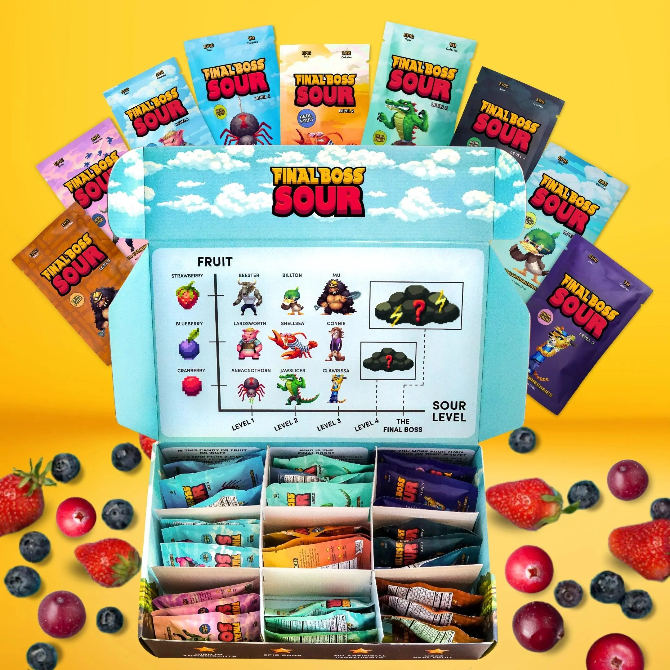 Final Boss VIP Sampler Pack - Sour Candy - 18 Pouches of Sour Strawberries, Blueberries, Mango, Kiwi, Pineapple, and Cranberries - 3 Level Sour Challenge - Image 5